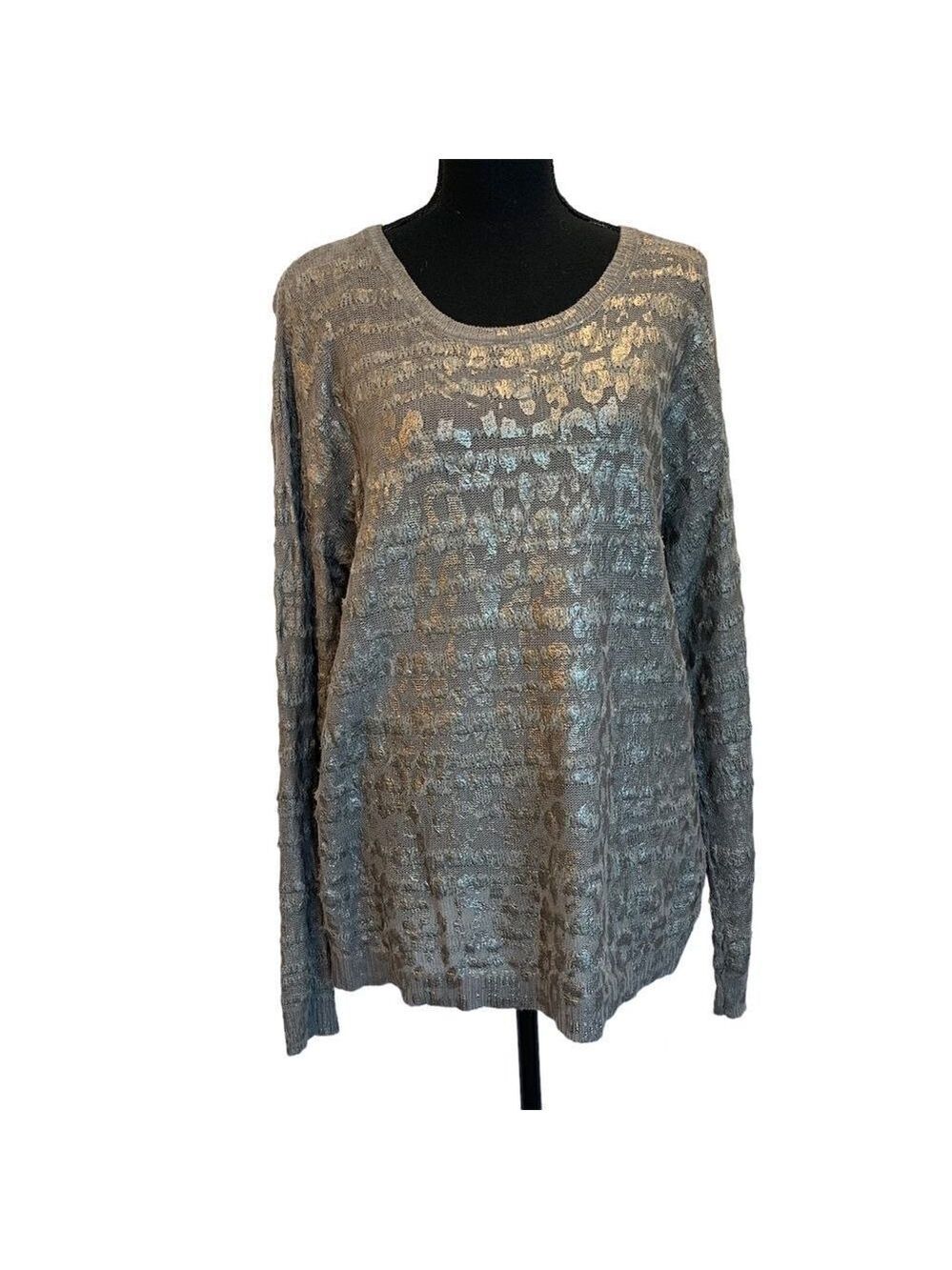 S.OLIVER taupe brown gray metallic print long sleeve crewneck sweater Sz M